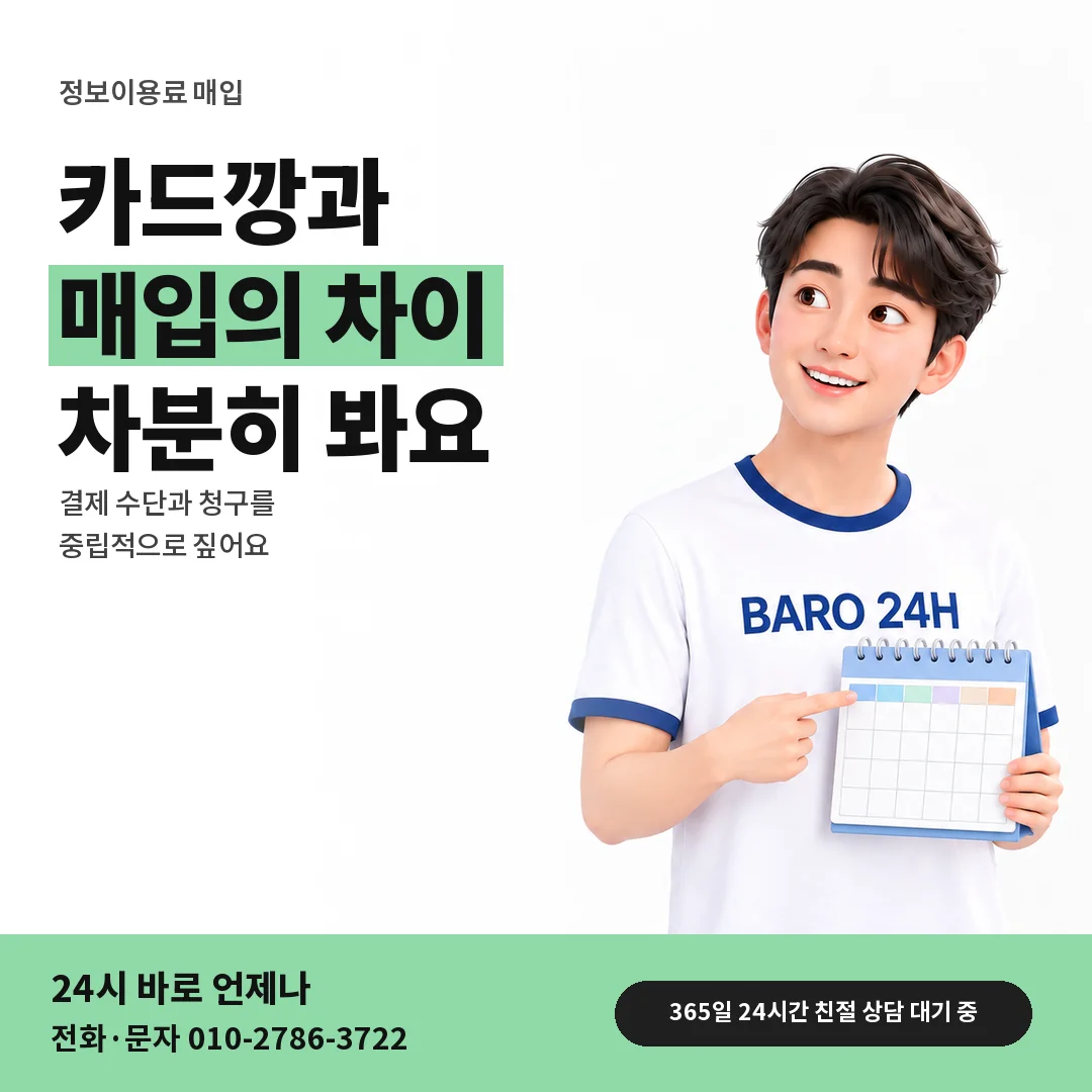 BARO 24H 티셔츠를 입은 3D 인물 옆에 「카드깡과 정보이용료 매입 비교」 제목을 얹은 안내 카드